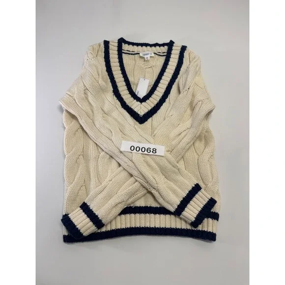 NWT Johnnie-O Women's XS Varsity Cable Knit Cotton Sweater Vanilla Navy V Neck - Picture 7 of 9